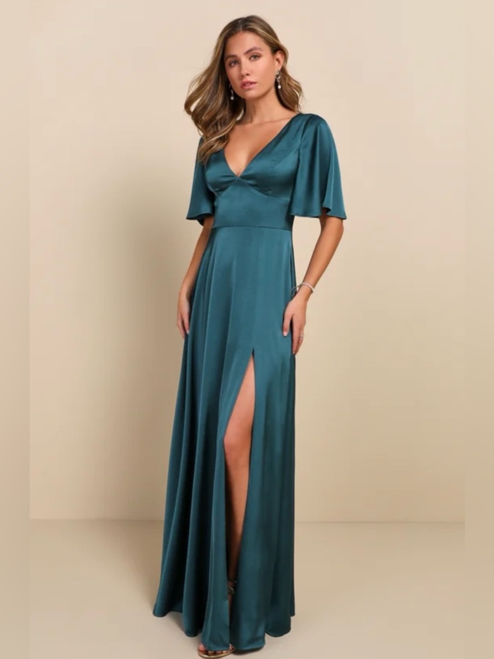 Lulus Elegant Confidence Teal Satin Flutter Sleeve Cutout Maxi Dress XL NWT